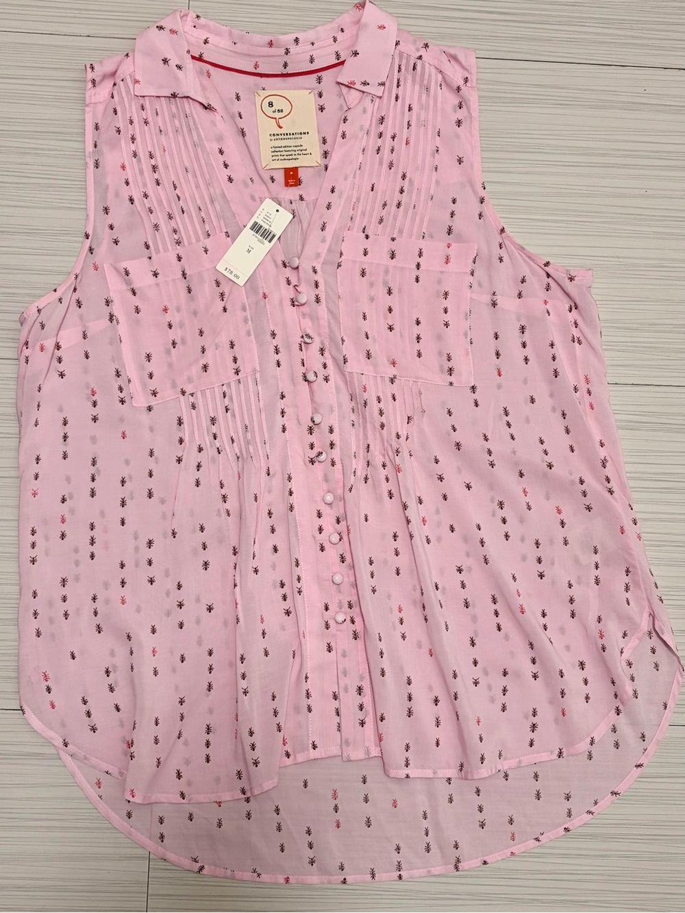 NWT Anthropologie Sleeveless Pink Ant Patterned Button-Front Blouse. Travel